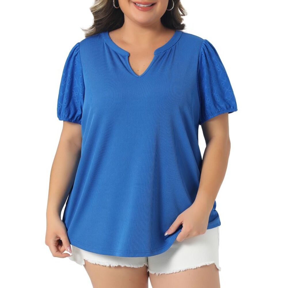 Women Plus Size V Neck Puff Short Sleeve Dressy Casual Blouse Royal Blue